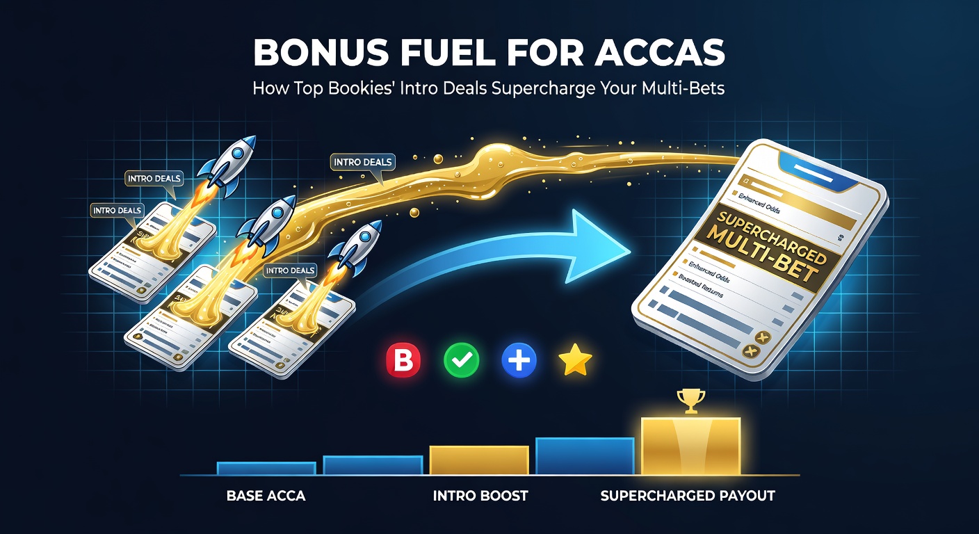Illustration of a multi-bet accumulator chain fueled by bookmaker bonus icons, with payout arrows rocketing upward amid promotional sparks