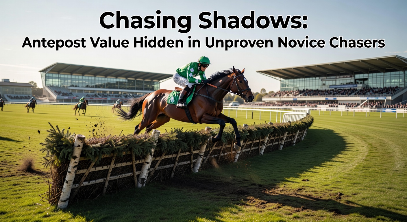 Close-up of an unproven novice chaser mid-leap over a fence, capturing the raw power and uncertainty that defines antepost appeal