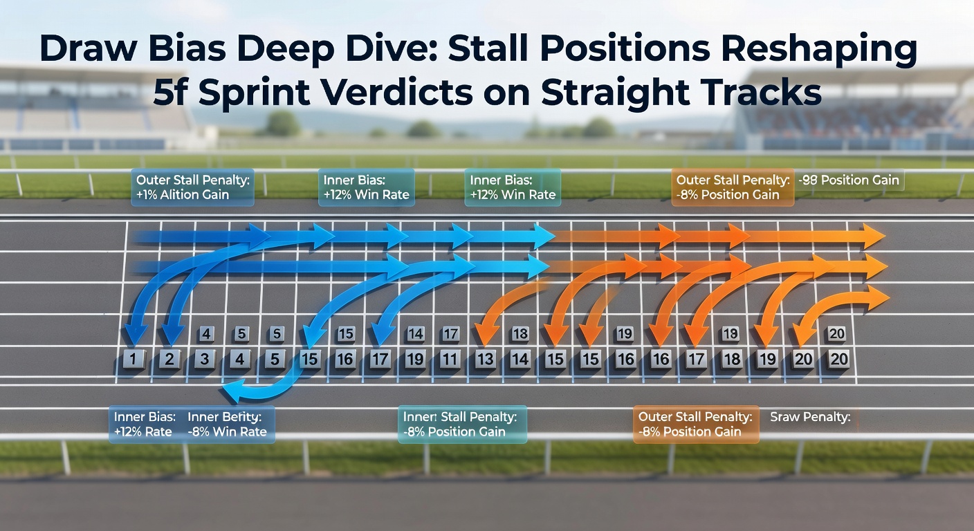 Statistical chart displaying win percentages by stall position across major straight 5f tracks, emphasizing low-draw advantages