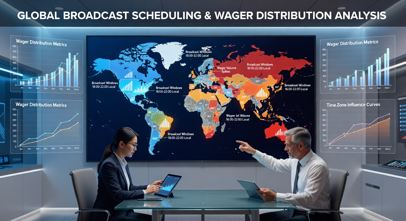 Chart displaying wager volume spikes aligned with broadcast start times across different global regions