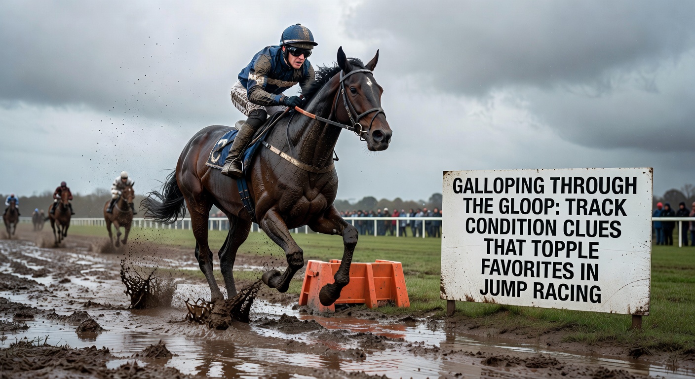 A favorite horse struggling in deep mud during a hurdle race, with a long-shot contender powering through ahead, illustrating track condition upsets