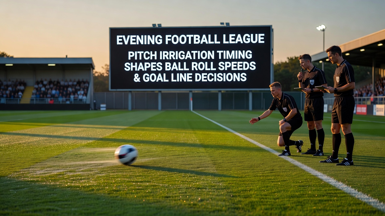 Close-up view of football pitch surface showing water distribution and ball path under artificial lighting