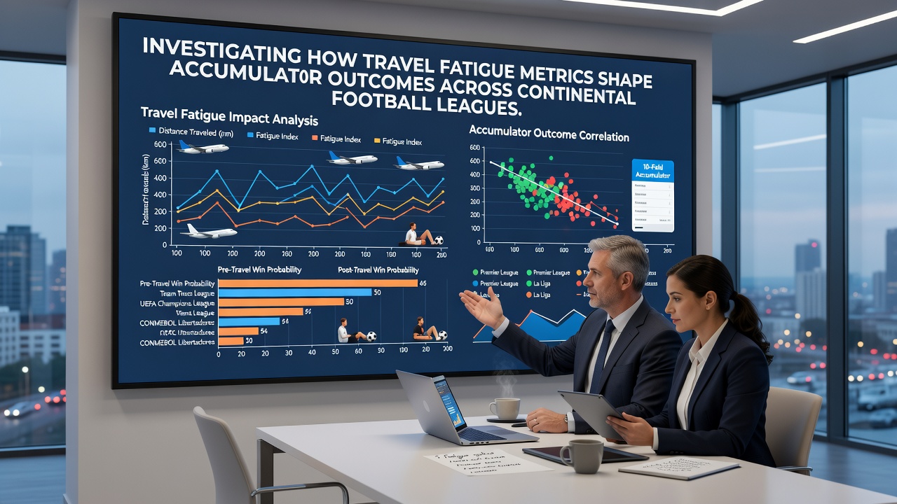 Data dashboard displaying accumulator betting slips alongside travel fatigue charts for football teams in European and South American leagues
