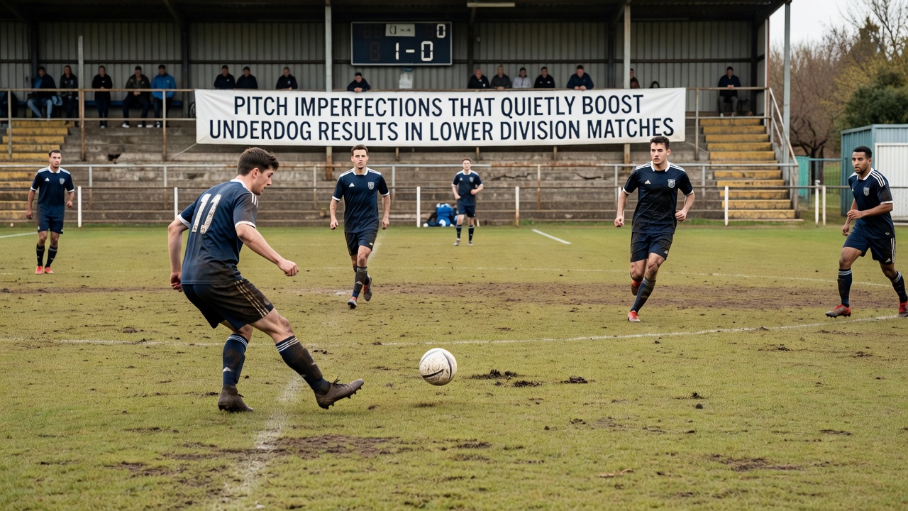 Close-up view of worn football pitch with visible divots and uneven grass during lower league action