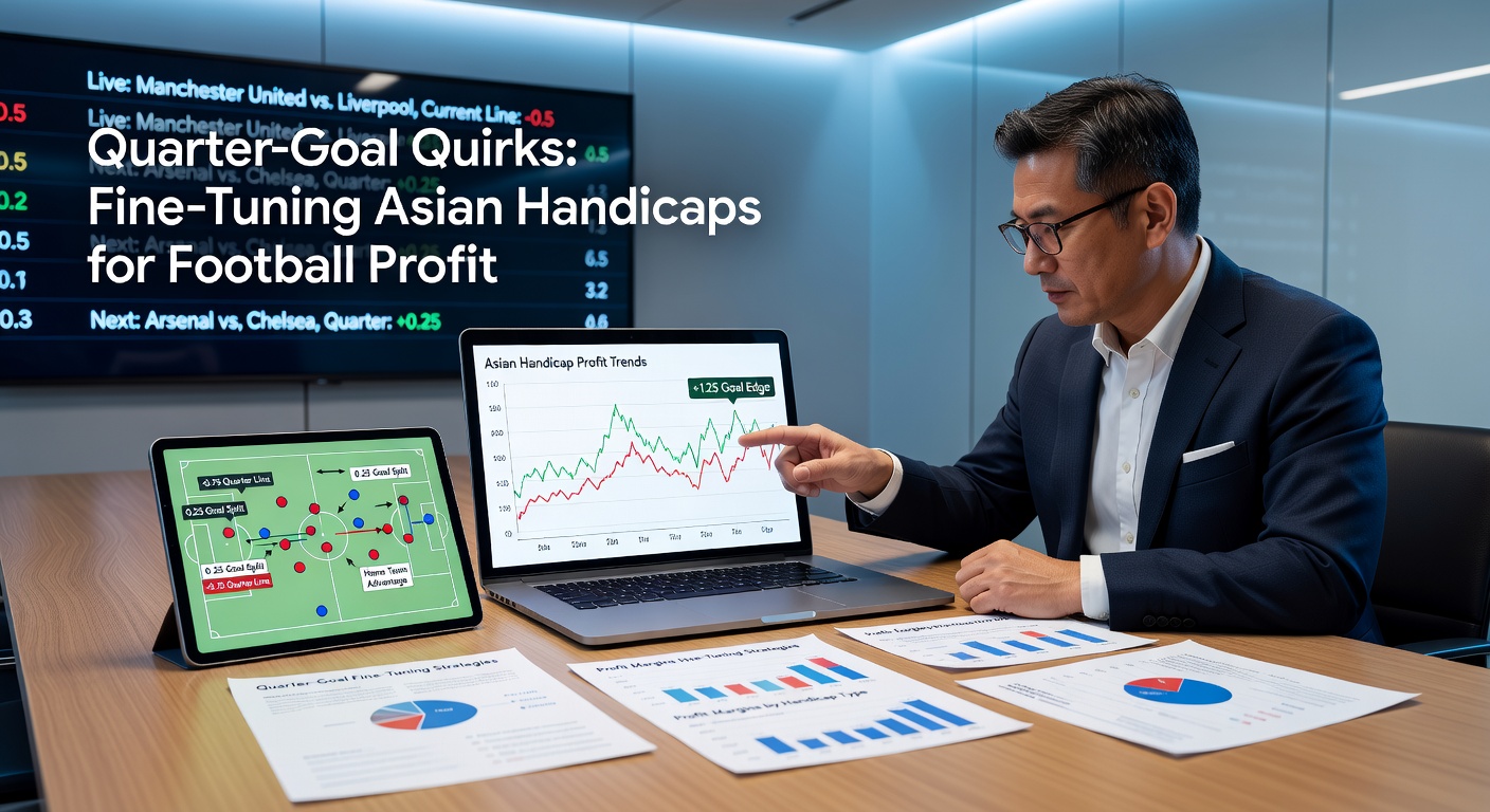Close-up of a tense football moment with quarter-goal handicap graphics overlay, illustrating a narrow 1-0 scoreline impacting split-stake outcomes
