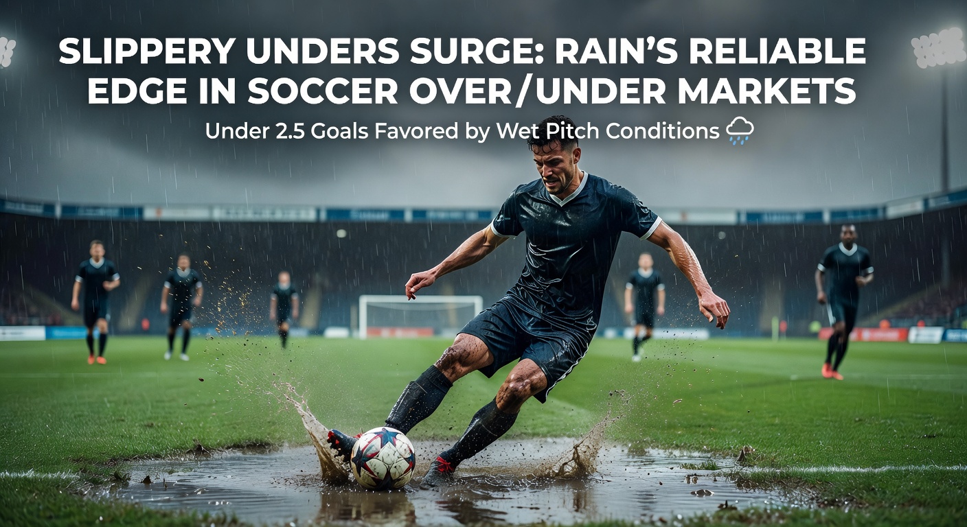 A referee checking a flooded soccer field before kickoff, illustrating how rain delays and pitch conditions influence betting lines