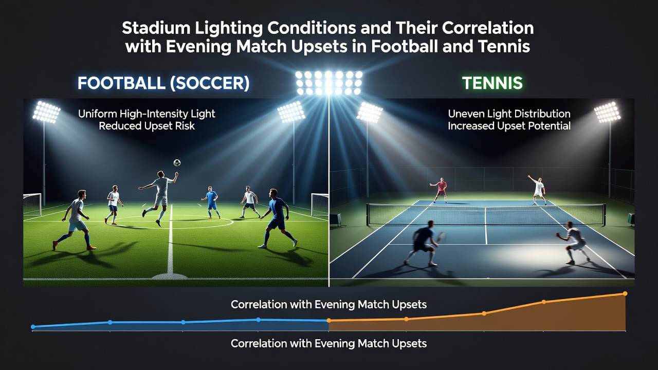 Tennis court under evening floodlights during a professional match highlighting court surface and lighting uniformity