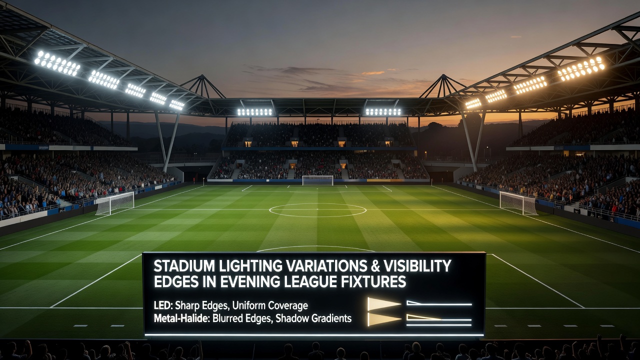 Close-up view of LED stadium lights casting defined beams over the pitch sidelines during a night game
