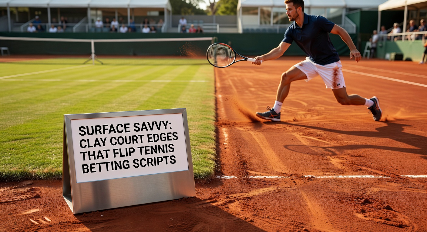 Close-up of a tennis player executing a perfect clay-court slide, kicking up red dust while retrieving a wide shot, emphasizing endurance and footwork crucial for betting edges