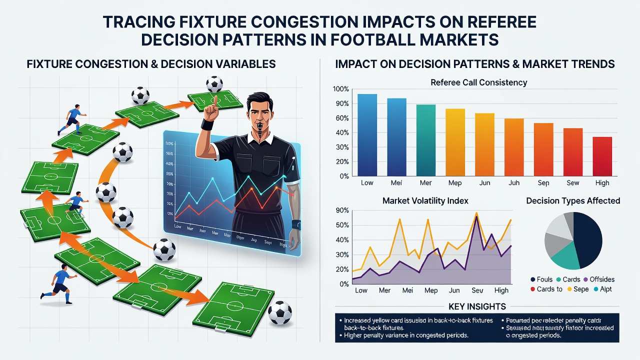 Referee reviewing VAR decision during congested football fixture with players showing signs of fatigue